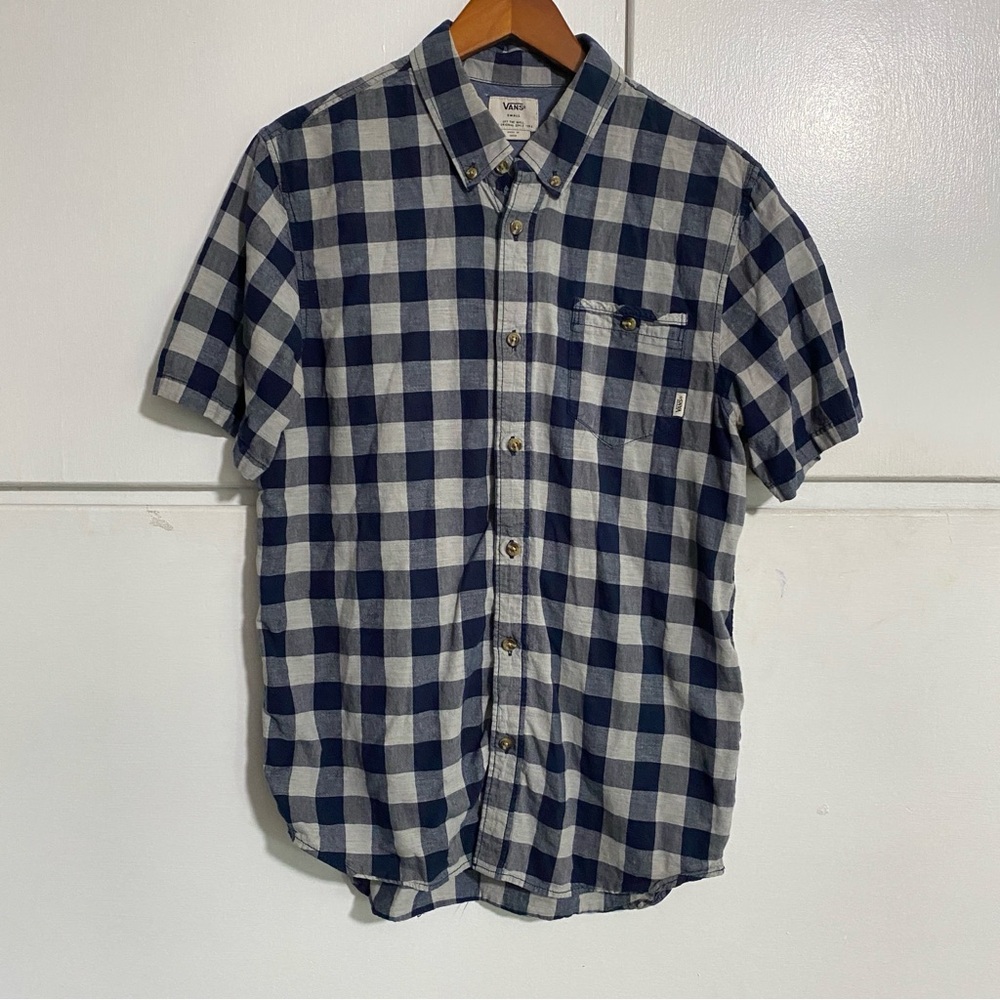 Vans Blue Gray Checkered Short Sleeve Casual Button Down Shirt Men’s Small